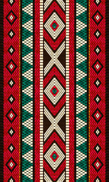 Vertical Traditional Arabian Sadu Weaving Pattern In Red Black And White Sheep Wool by Craitza