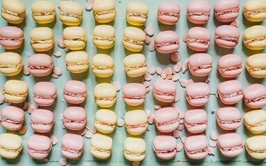 Colorful macarons backdrop. View from above. Aesthetic delicious background. Bright color palette