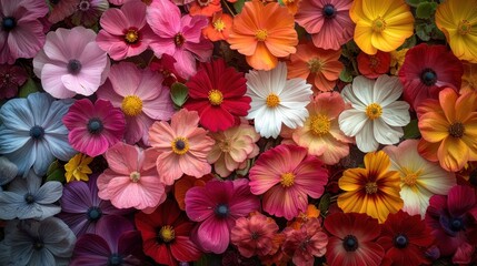 a close up of a bunch of flowers with many colors of flowers in the middle of the picture and the bottom half of the flowers in the middle of the picture.