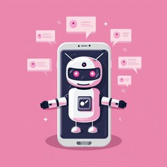 An image depicts a chatbot emerging from a smartphone display with text bubbles floating around it against a pink background.
