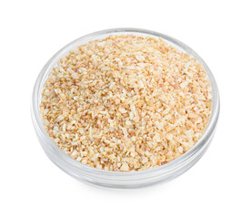 Dehydrated garlic granules in bowl isolated on white