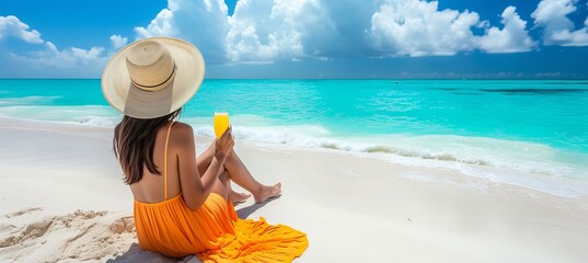 Fototapeta na wymiar Paradise beach beautiful woman enjoying a tequila sunrise cocktail on a sunny summer day