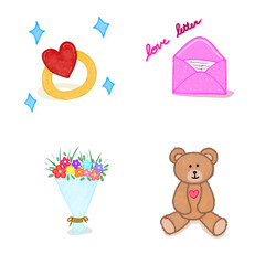 teddy bear, a heart ring, a love letter, and a bouquet of flowers for valentine's day