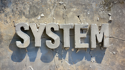 word “system” made of concrete decaying, crumbling