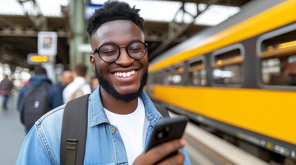 Young man using smartphone on train station platform for communication and information