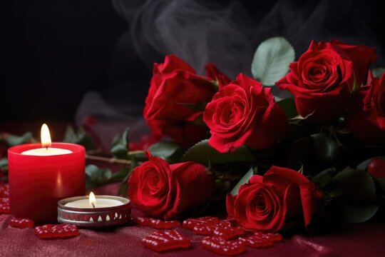 A photo of a candle and red roses arranged on a table.