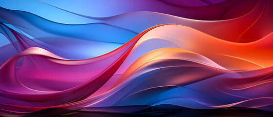 Vivid abstract color wave on black background: Dynamic hues, clear and bright. Abstract ultra wide orange blue azure pink purple lilac dark gradient background. Banner, wallpaper, template, desktop