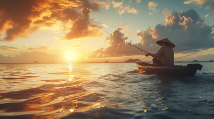 Asian fisherman in the sunset.  - obrazy, fototapety, plakaty