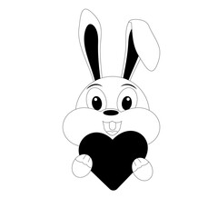 outlines rabbit. Lign. rabbit holding a heart. Cute rabbit with heart. black & white. Character upper body . White background. Minimalist illustration. Cute bunny holding love heart. - Stock vector