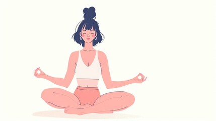 Fototapeta na wymiar Meditate person sit lotus pose. White background illustration. Yoga studio colorful art. People practice asana. Mental health concept. Body and mind therapy. Spiritual meditation. Woman find harmony.
