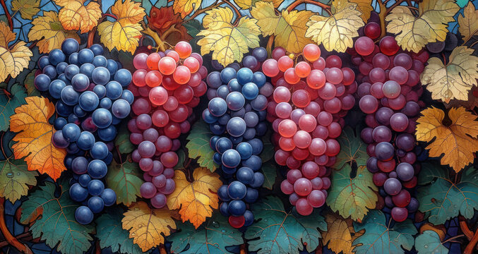 a painting of a bunch of grapes on a vine with leaves on the vine and on the vine on the vine.