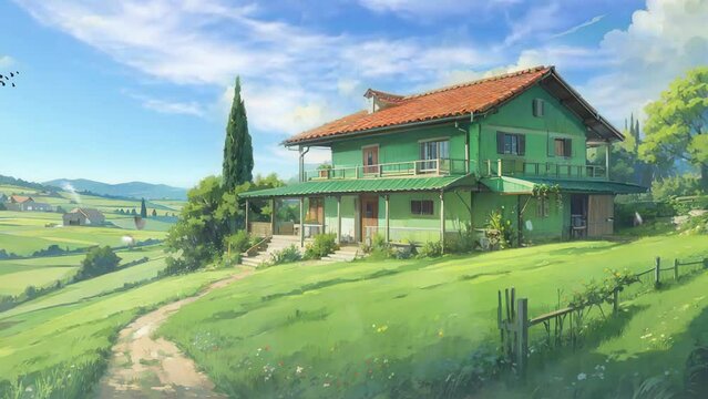 House in the scenic mountains with expansive green gardens, beautifully depicted in a 4K video