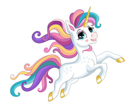 Cute unicorn with rainbow mane vector illustration