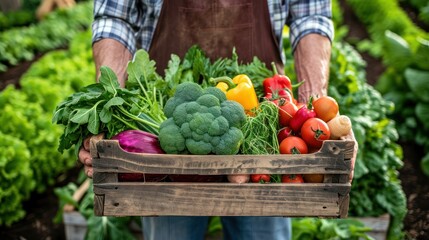 Fototapeta premium farmer holding wooden box full of fresh vegetables. harvesting season. basket with vegetables in the hands of a farmer background, healthy, organic, food, agriculture