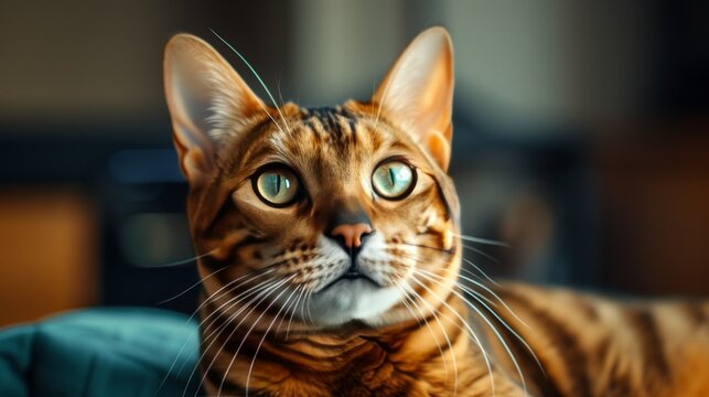 A close-up image captures a Bengal cat looking directly at the camera while in its home environment, showcasing its striking appearance and alert demeanor.