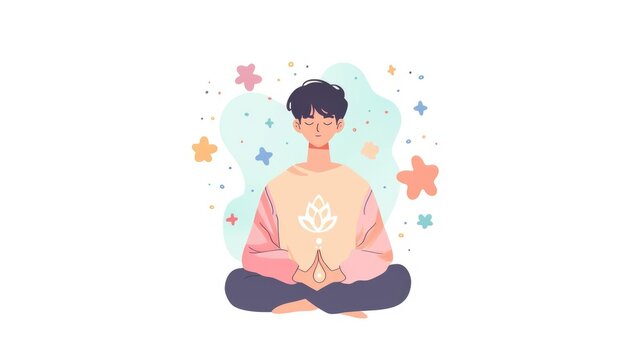 Meditate person sit lotus pose. White background illustration. Yoga studio colorful art. People practice asana. Mental health concept. Body and mind therapy. Spiritual meditation. Man find harmony.