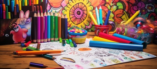 Coloring pages, felt-tip pens, pencils, notebook and toys on grunge background.