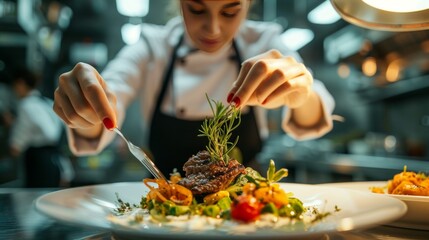 A close-up shot captures a female chef in a restaurant meticulously decorating a meal, showcasing...