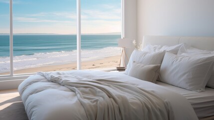 Fototapeta na wymiar bedroom with white messy bedding and big window with view to beautiful. Summer, travel, vacation, holiday, mindfulness, relax, recreation, hotel, sleep
