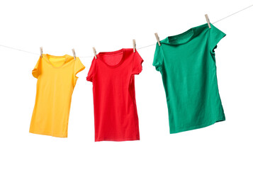 Different bright t-shirts drying on washing line against white background