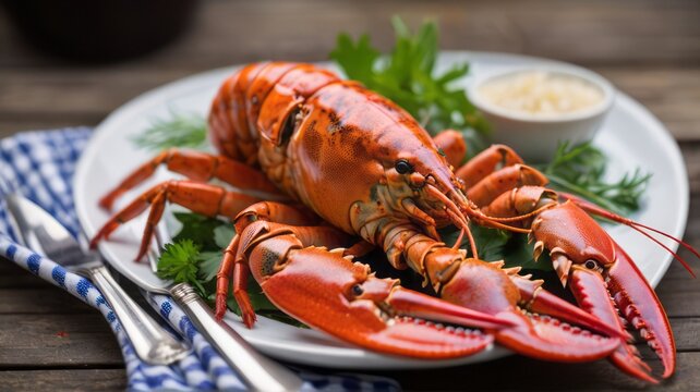 this plate features a whole cooked lobster, elegantly presented with lemon and herbs, ready for a gourmet seafood dining experience