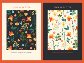 Flowers. Floral poster. Botanical illustration of flowers. Wildflowers. Set of floral posters in a retro style. Decorative flowers, viburnum, tropical leaves