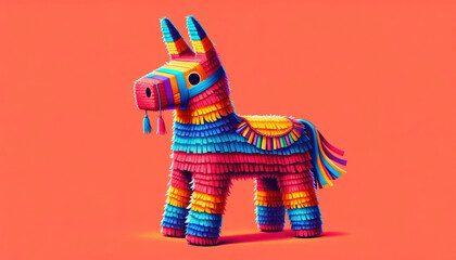 Obraz na płótnie Canvas Vibrant crafted pinata in the shape of a donkey on orange background, its multicolored fringes adding a festive and playful vibe to the scene.Cinco de Mayo.Fiesta banner and poster design.