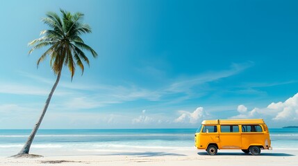 Yellow Camper surf van and palm tree along tropical beach coastline. retro bus, view from side, copy space.