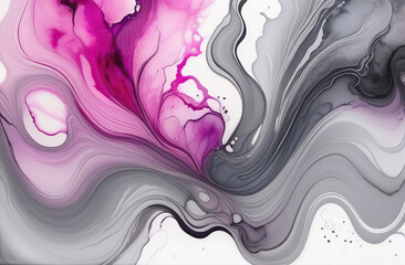 Alcohol ink art full frame background. Currents of magenta, gray hues, stains, pink swirls, soft color free-flowing textures. Natural aquarelle abstract fluid painting. Can be used as vertical poster.