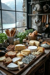 Assorted cheeses on a board with bread and nuts, kitchen utensils hanging, mountain view through window.
