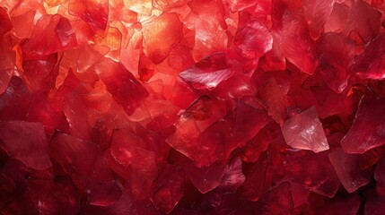 a close up of a red wall with many pieces of glass on top of it and one piece of glass on the bottom of the wall.