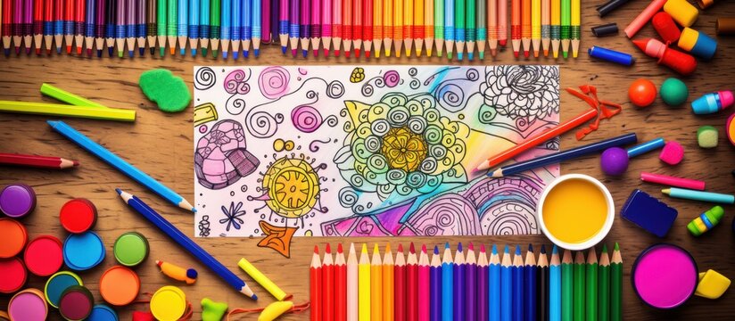 Coloring pages, felt-tip pens, pencils, notebook and toys on grunge background.