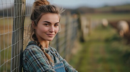Confident young female farmer in overalls leans on farm fence, radiating pride and dedication.
