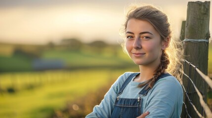 Confident young female farmer in overalls leans on farm fence, radiating pride and dedication. 