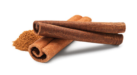 Dry aromatic cinnamon sticks and powder isolated on white