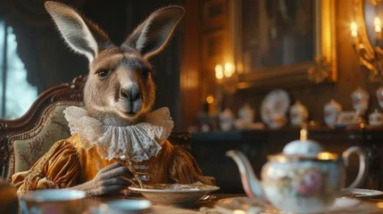 Fotobehang A sophisticated kangaroo enjoying high tea in a Victorian parlor. © Shamim