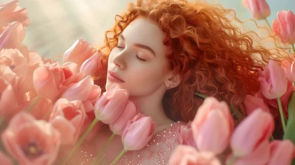 Poster Dreamy woman with curly red hair among pink tulips. peaceful, romantic scene. ideal for spring themes. portrait of femininity surrounded by flowers. AI © Irina Ukrainets