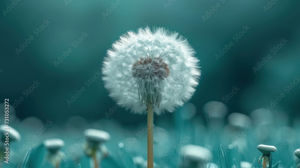 Poster a close up of a dandelion in a field of grass with other dandelions in the background.