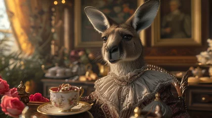 Rolgordijnen A sophisticated kangaroo enjoying high tea in a Victorian parlor. © Anaya