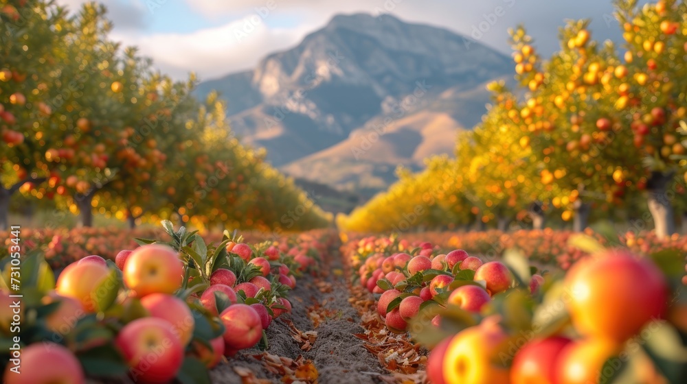 Aufkleber a bunch of apples that are sitting in the middle of a field of apples in front of a mountain range.