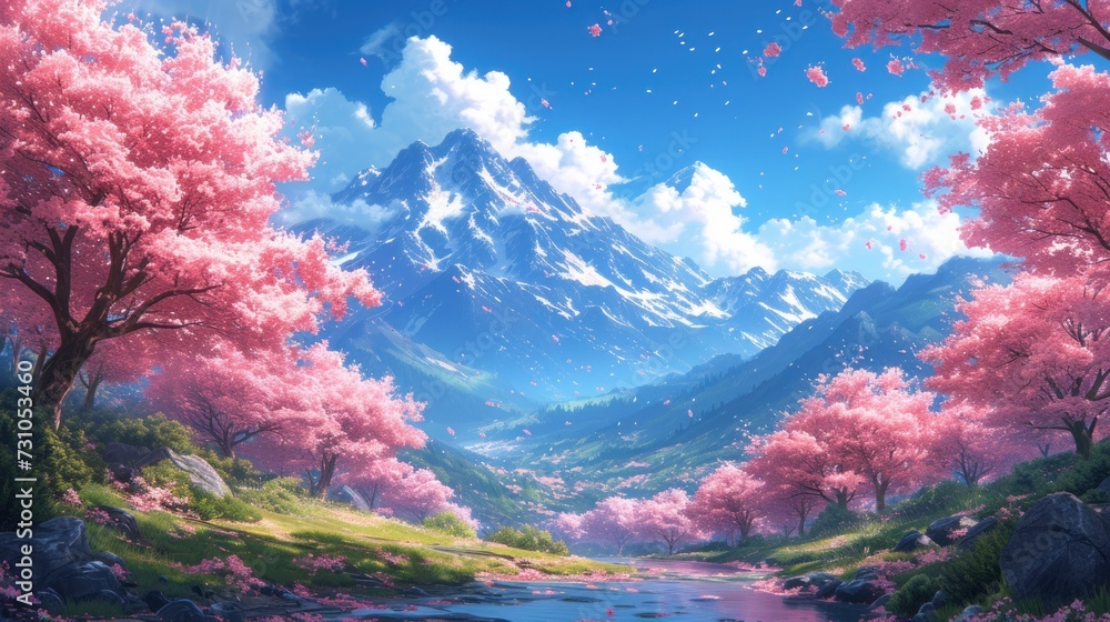 Poster a painting of a mountain with a river running through it and pink trees in the foreground and a blue sky with white clouds in the background.