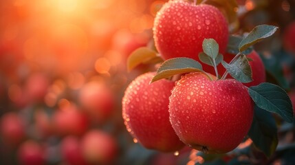 a group of red apples hanging from a tree with water droplets on the leaves and the sun shining in the background.