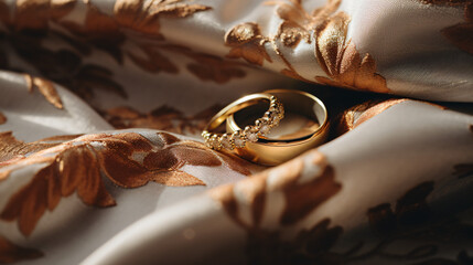 Wedding ring on silk surface.