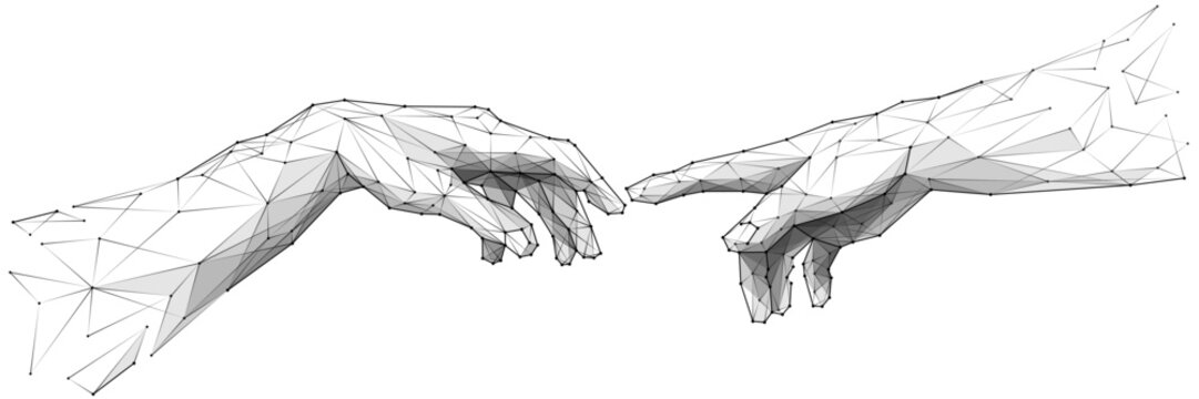 Abstract polygonal Adam and God hands reaching out for touch. Creation concept. Brutalism polygonal art isolated on white. Minimalistic technology background. Vector illustration. Connected dots.