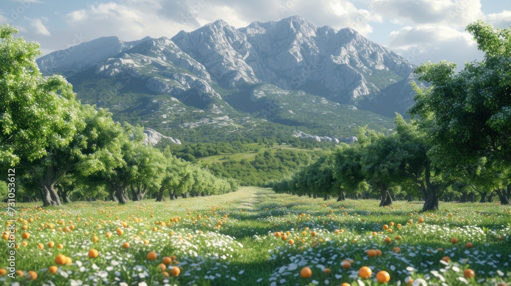 Poster a field of flowers and trees in front of a mountain range with snow on the top of the mountains in t