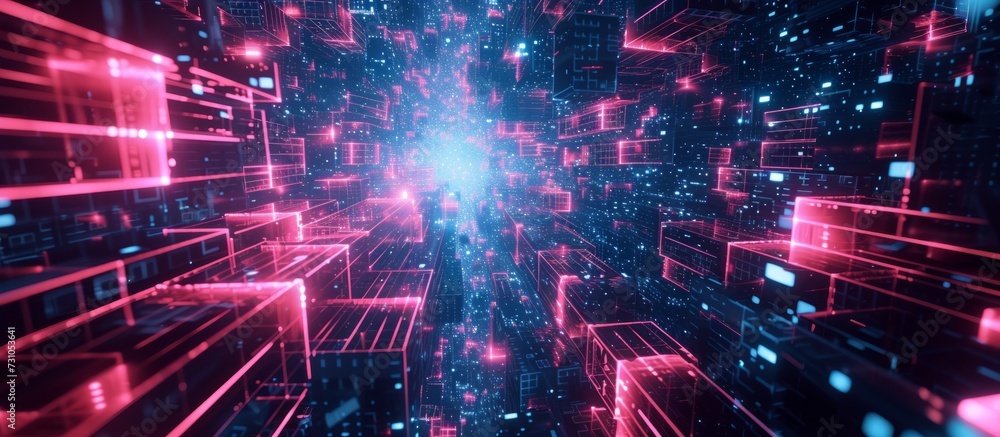 Poster future world's high-tech information space in a 3d abstract, with global data collection, processing