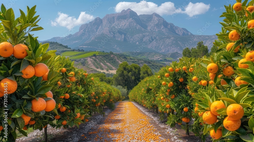 Poster orange trees with oranges growing on them in an orchard with a mountain in the backgroufground.