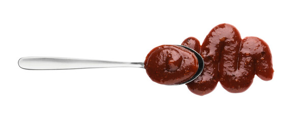 Tasty barbecue sauce and spoon isolated on white, top view