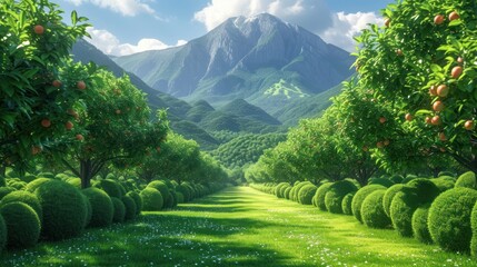 a painting of a lush green landscape with a mountain in the background and trees and flowers in the foreground. - obrazy, fototapety, plakaty
