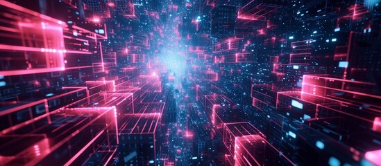Future world's high-tech information space in a 3D abstract, with global data collection, processing, and artificial intelligence represented by blocks and stars in cyberspace.